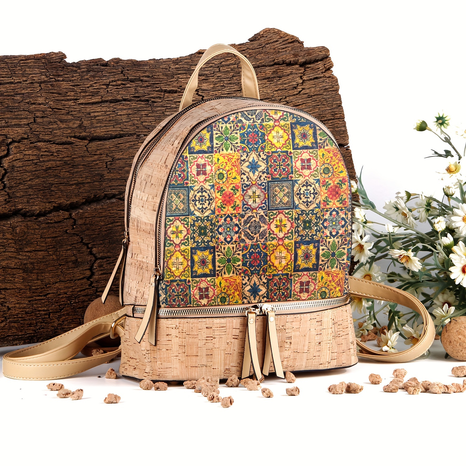 Boho-Chic Large Capacity Backpack High-Quality Cork Material, Multi-*  with Zip Closure for Women