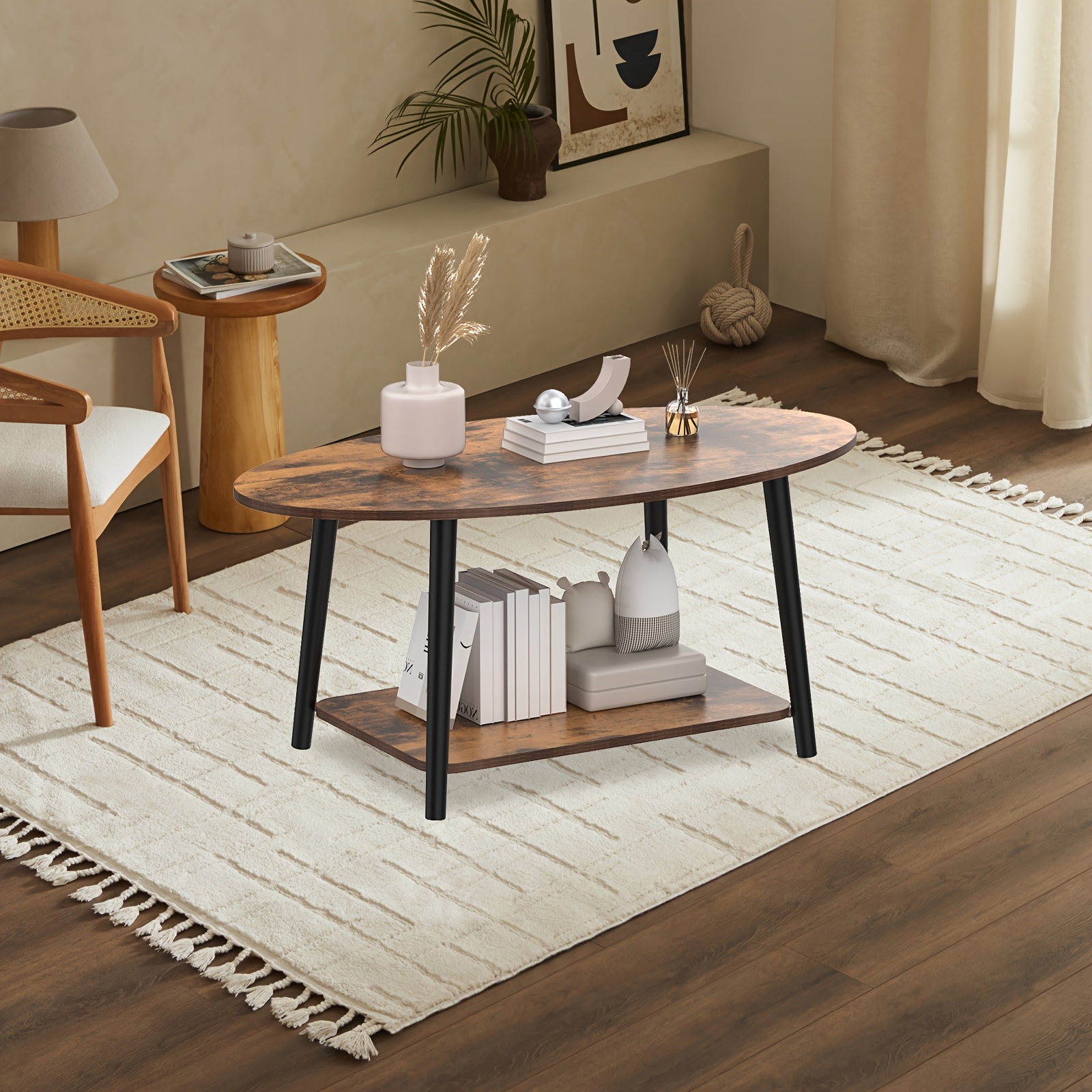 Image of Double Layer Oval Top Side Table | Modern Wooden End & Coffee Table, 100x53x45cm, Multi-level Design, Easy-clean Brown For Living Room & Office