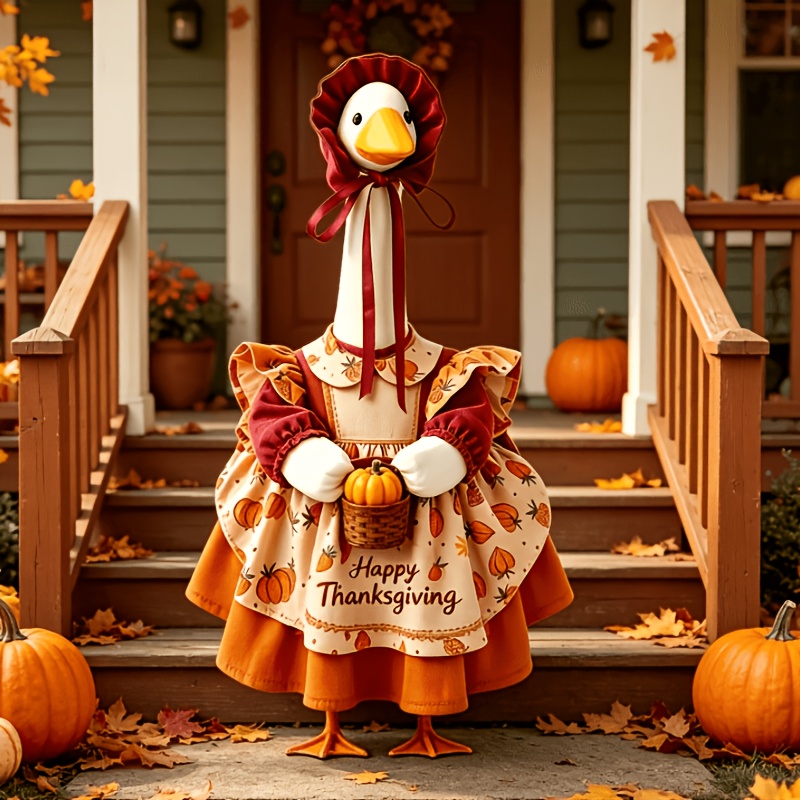 23 Inch Thanksgiving Lawn Ornament Goose Outfit, Pumpkin Print Apron With Happy Thanksgiving Letter, Burgundy Ruffle Bonnet & Orange Layer Dress Set, Front Porch Yard Outdoor Home Decor