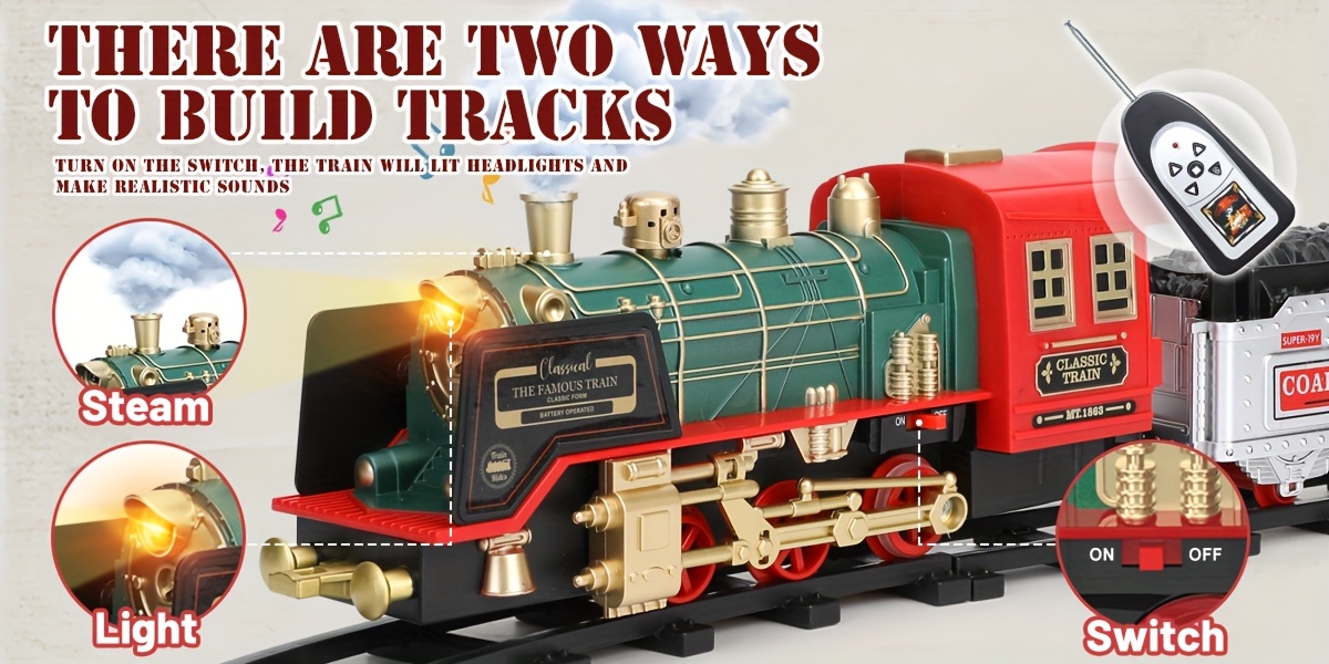 Multi-Item Party Favor Pakcs Christmas Electric Train Set with Steam, Sound And Light, Remote Control Train Toys with Locomotive Engine, Cargo Cars Tracks, Rechargeable Party Toy Train for Kids Boys 3+ Year Old
