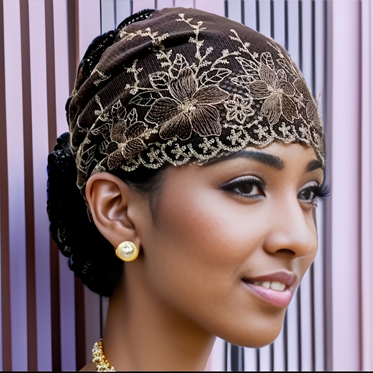 elegant purple floral embroidered turban hat women soft  display picture 2