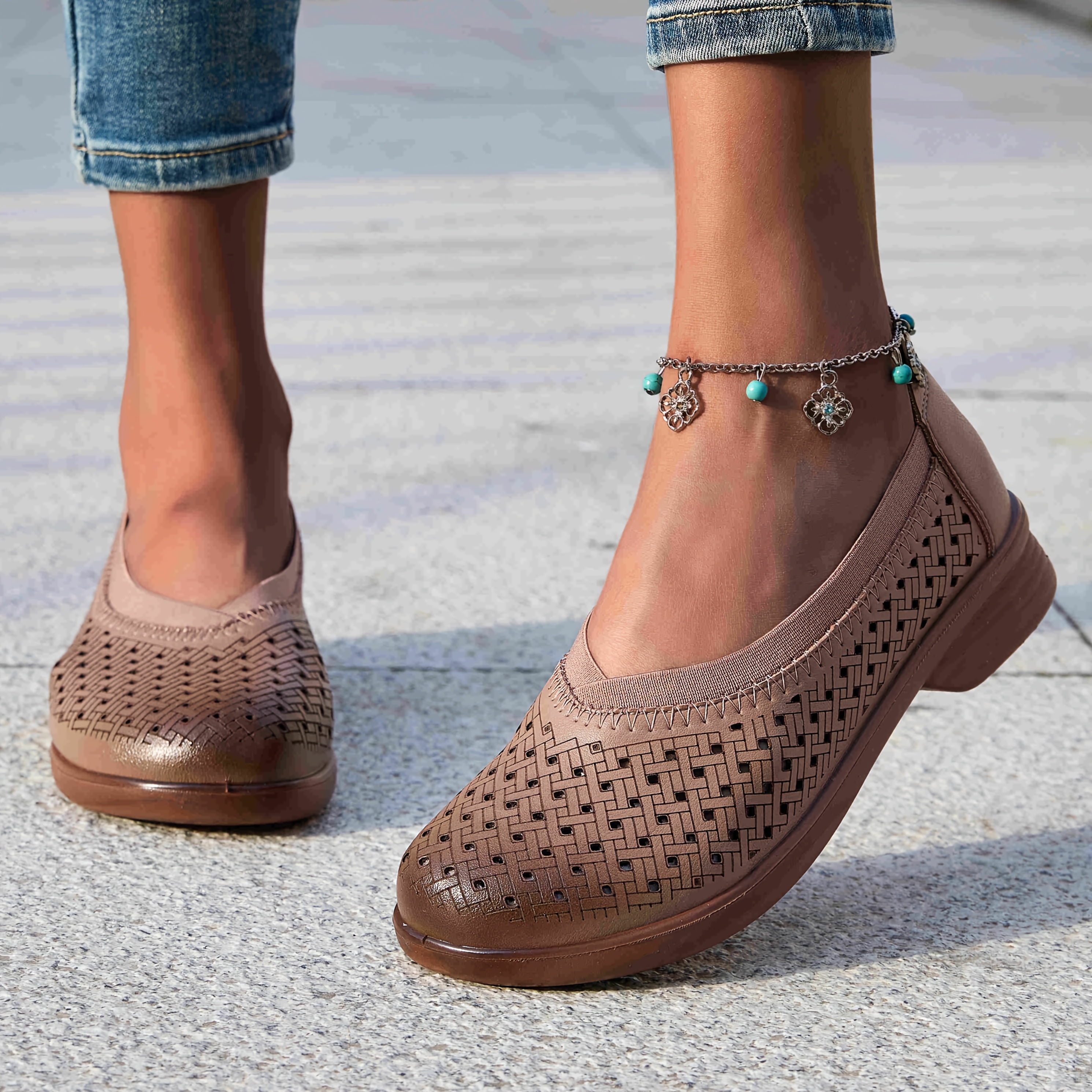 Women's Retro Ankle Strap Ballet Flats Slip-On Soft Sole Comfortable PU  Cover Casual Beige/Black/Brown Footwear Textured