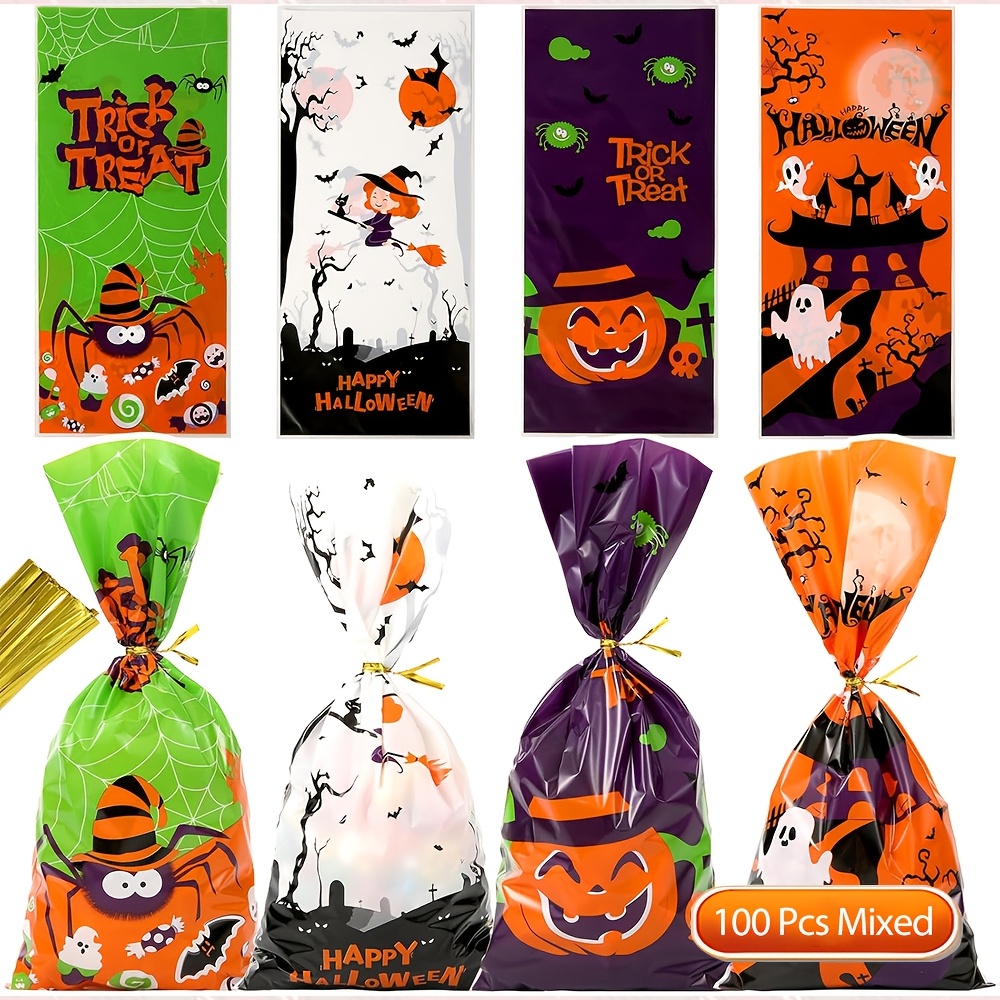 Image of 50/100pcs For Halloween Plastic Treat Bags With Twist Ties, Trick Or Treat Cartoon Pumpkin Witch Print Candy Goodie Bags, Opp Gift Bags For Halloween Party Favors, Snack Wrapping