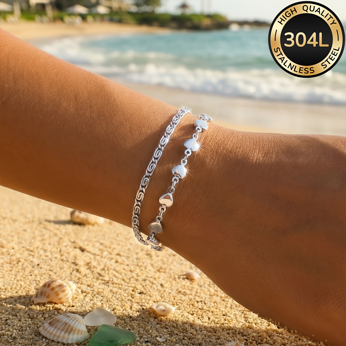 E-shop 2er-Set 304L Edelstahl 18K vergoldenetes Damenarmband, Exquisites Edelstahl-Damen Schmuckset, Stilvolles und elegantes Design, Geeignet für alle