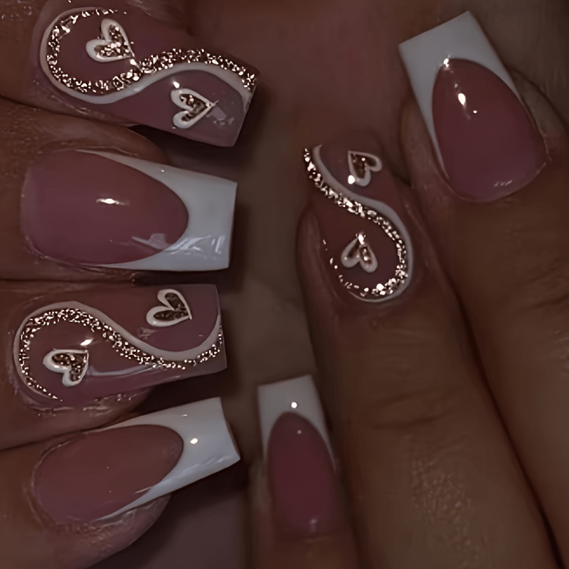 TEMU Look: 24pcs Press-on Nail Set With White- , Premium Lines, Pure Desire Style, Versatile And Elegant, Effect, Detachable Fake Nails For Nail