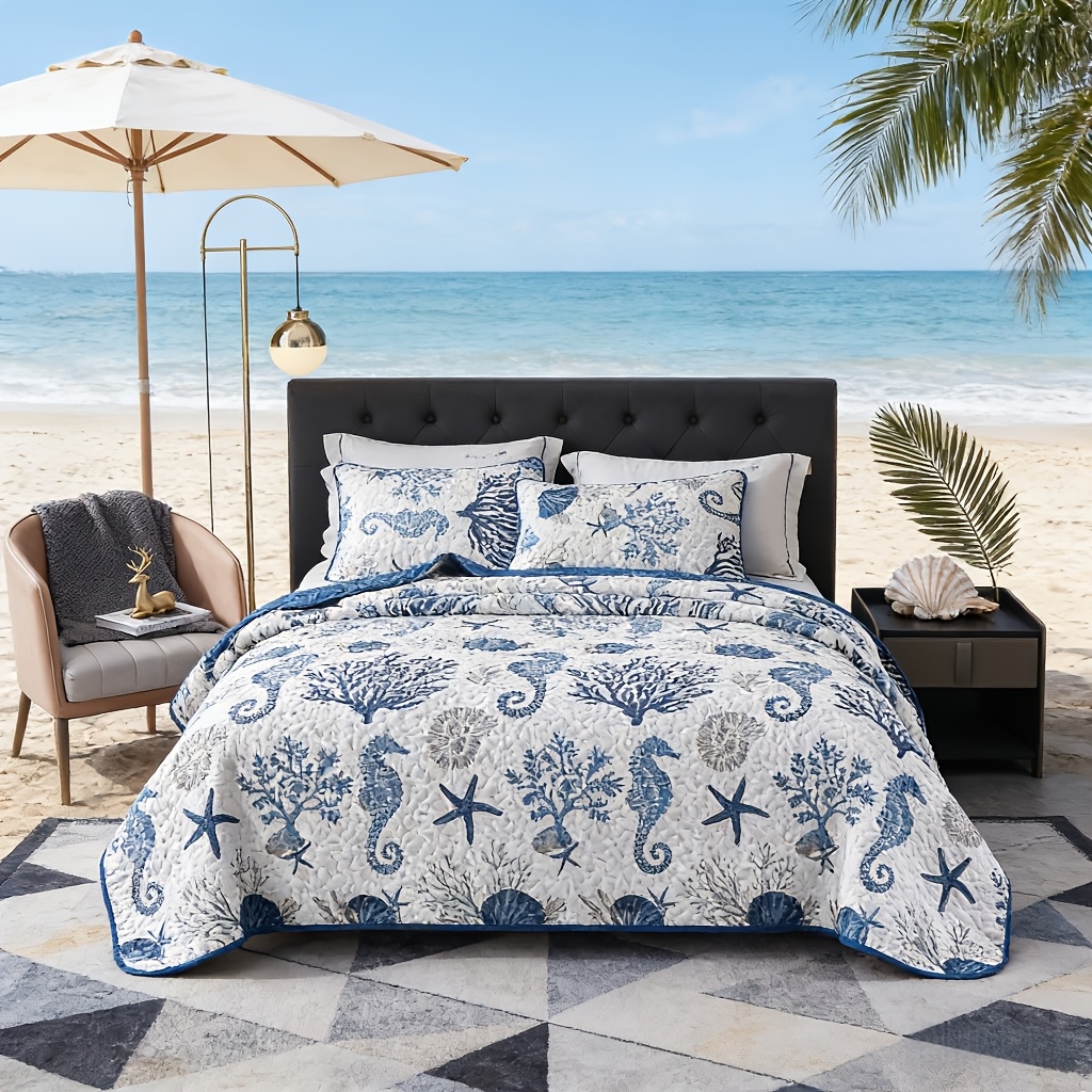 TEMU 3pcs Quilt Set Featuring Coastal - Reversible Bedspread In Blue With And Coral, Lightweight Coverlet Suitable For For Queen Or King Size Beds