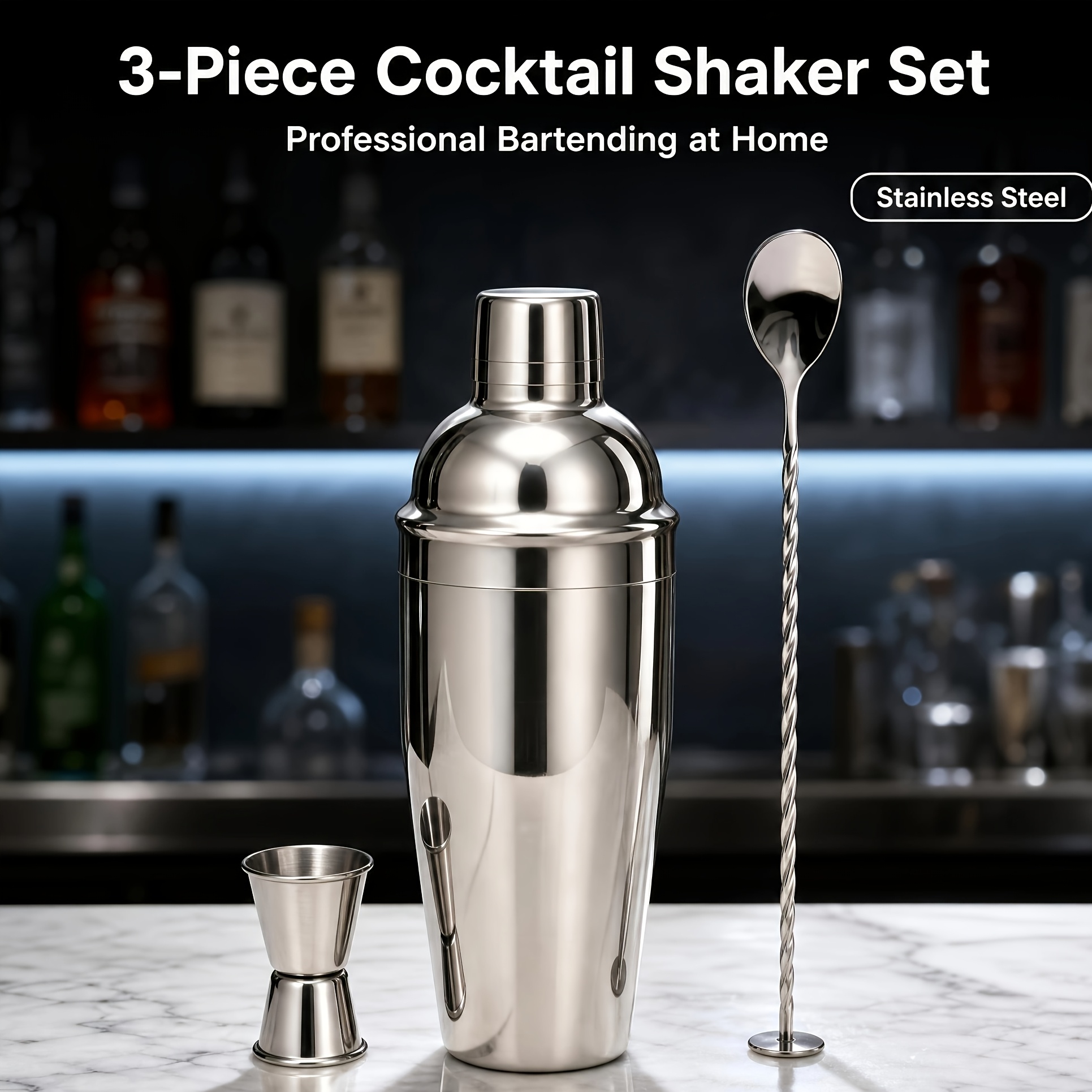 Image of 24oz 3pcs Bartender Set: Jigger With Rolled Rim, Bar Spoon, And Jigger