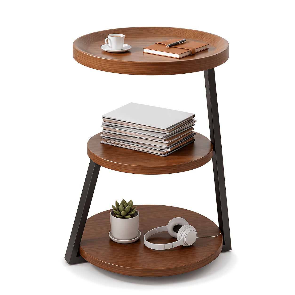 Round Side Table, Small Round Table, Three-layer Design, Small Coffee Table With Storage Function, Sturdy And Durable, , Suitable For Bedside Tables, Living Rooms, And Bedrooms