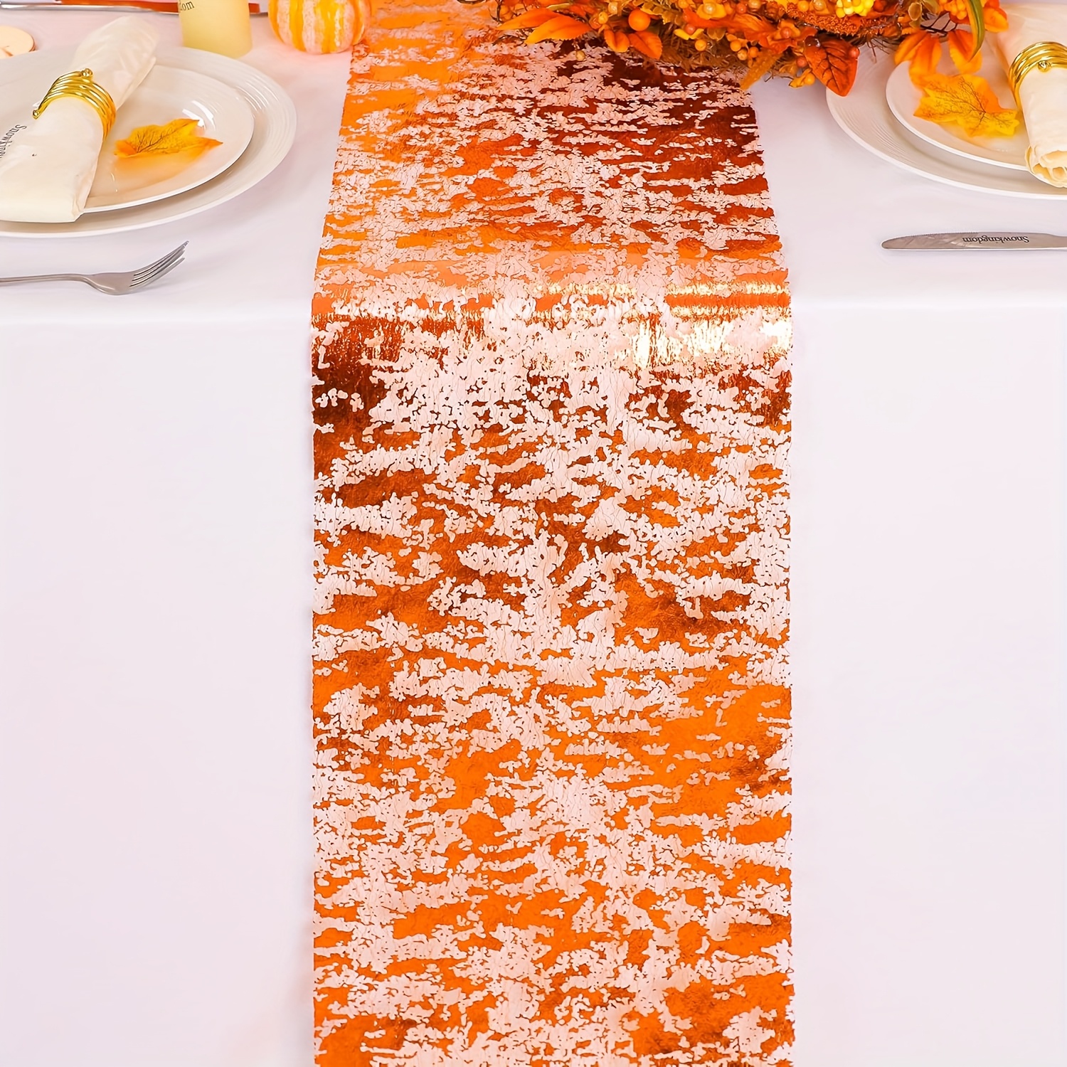 Image of Autumn Party Table Runner, 28cm/108inch Holiday Decor, Halloween Thanksgiving Orange Elegant Metal Table Runner, Dining Party Placemats
