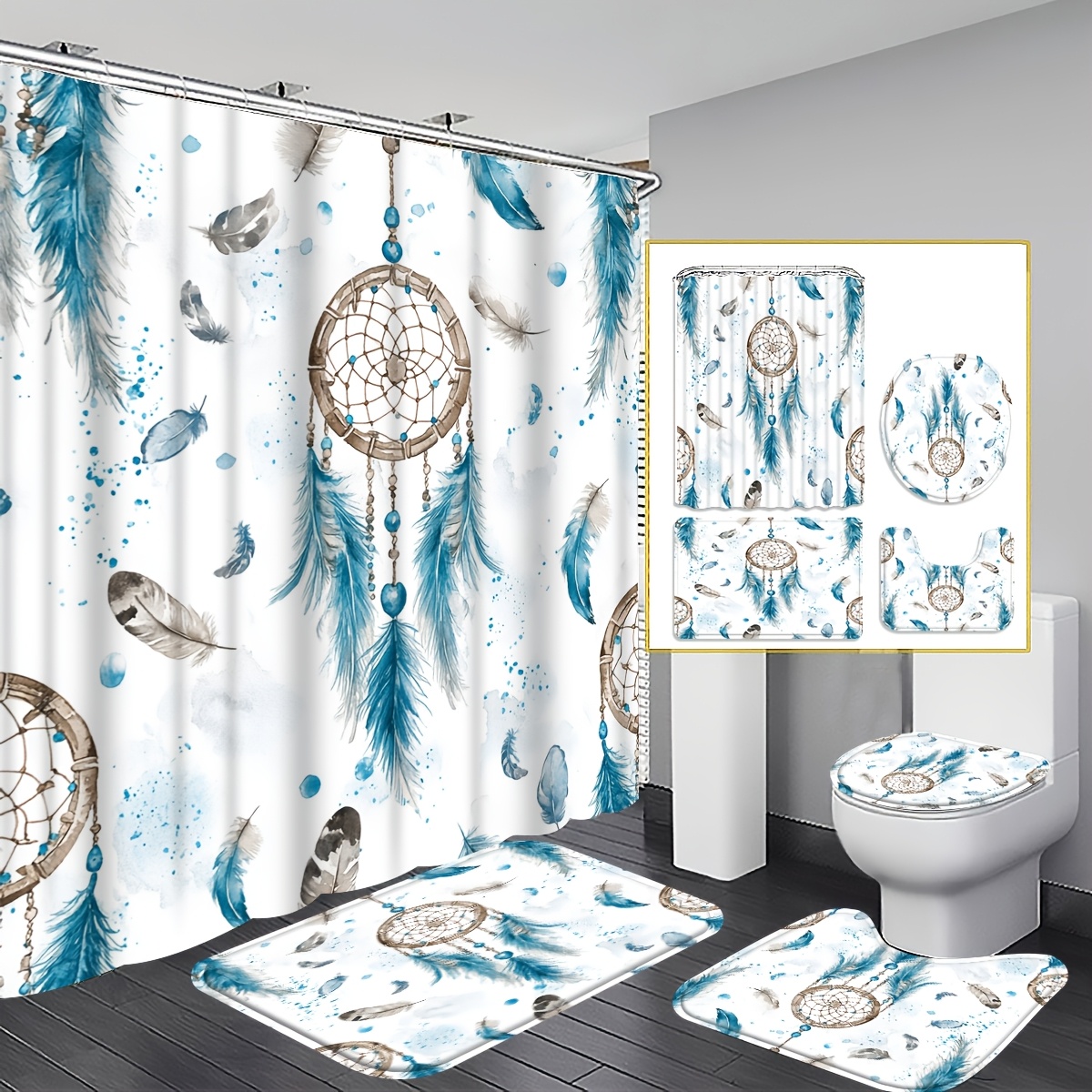 TEMU 4pcs 2d Flat Dreamcatcher Shower Curtain Set, Blue Feathers And Beads Bathroom Decor, Accessories With Bath Mat, U-shaped Mat, Toilet Lid Cover,