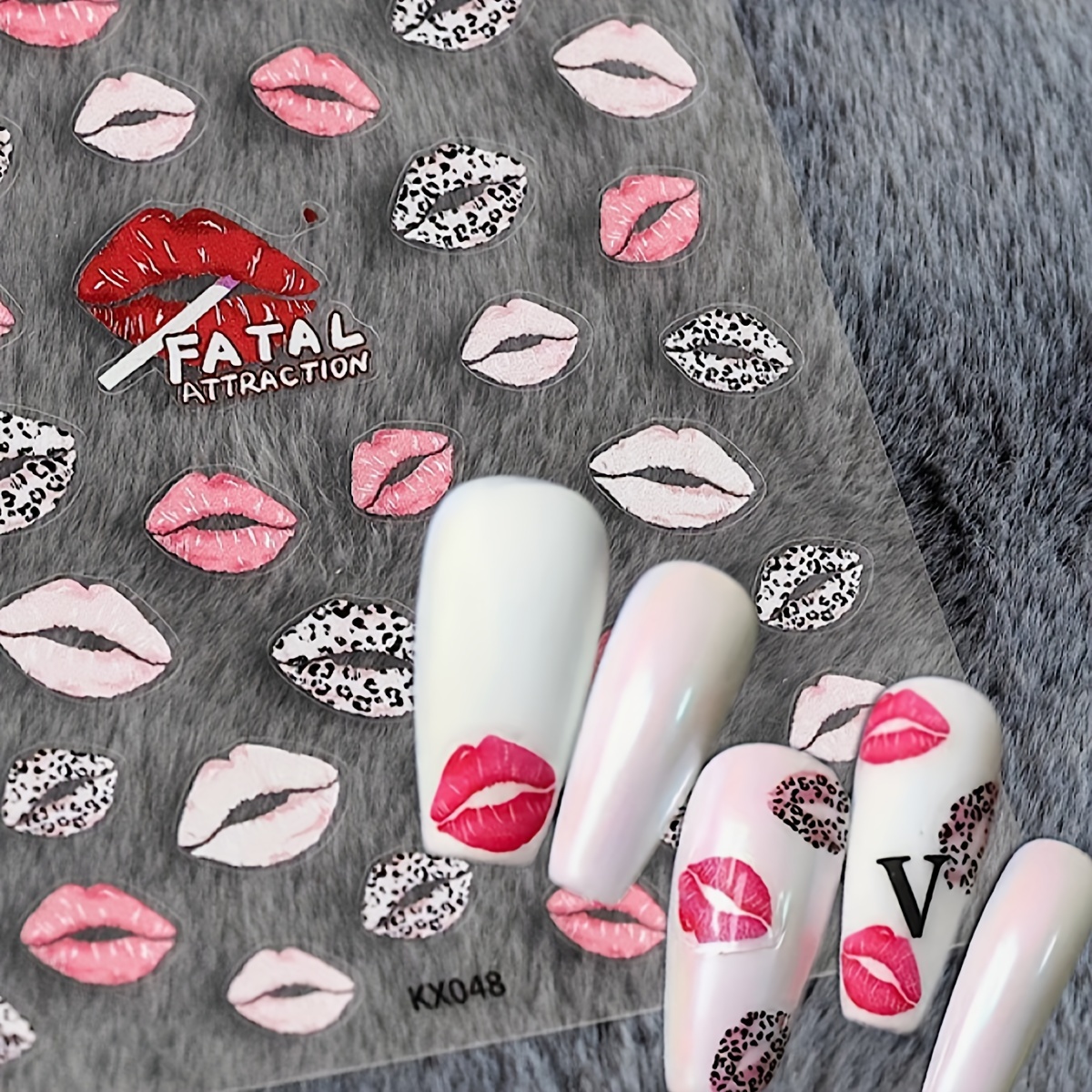 Image of 1 Sheet 5d Embossed Sexy Lip Nail Stickers, Leopard Print Red Pink Lip Self-adhesive Nail Decals, Grunge Y2k Aesthetic Diy Manicure Decoration For Nail Art & Press On Nails Accessories