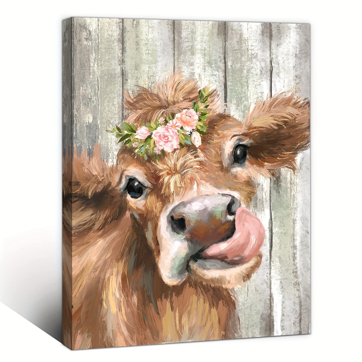 Image of Rustic Farmhouse Cow Canvas Wall Art - Modern Brown Country-themed Decor For Bathroom, Bedroom, Kitchen | Ready To Hang Wooden 11.8"x15.7, Room Decor