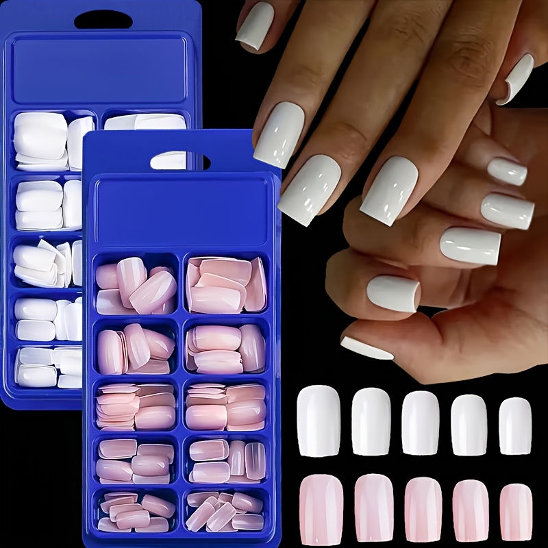 240pcs White And On Nails Short Medium Square Wearable Fake Nails Tips Full Cover False Nails Finger Decoration Office Daily Wear False Nails Diy