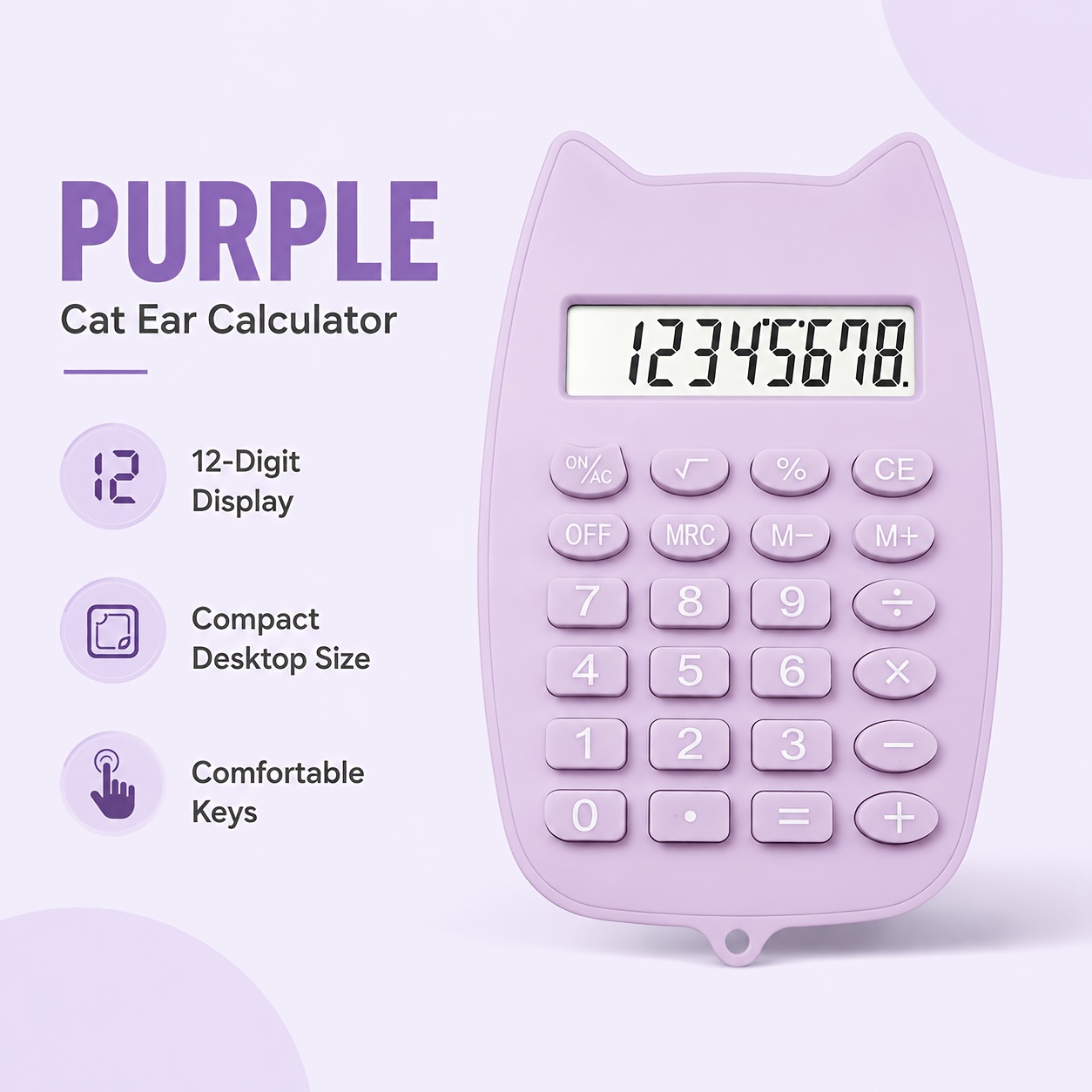 TEMU Cute Cat Ear Calculator With Large Display & 12-digit Capacity - Compact Portable Basic Calculator Suitable For Office, School, Home, (aaa
