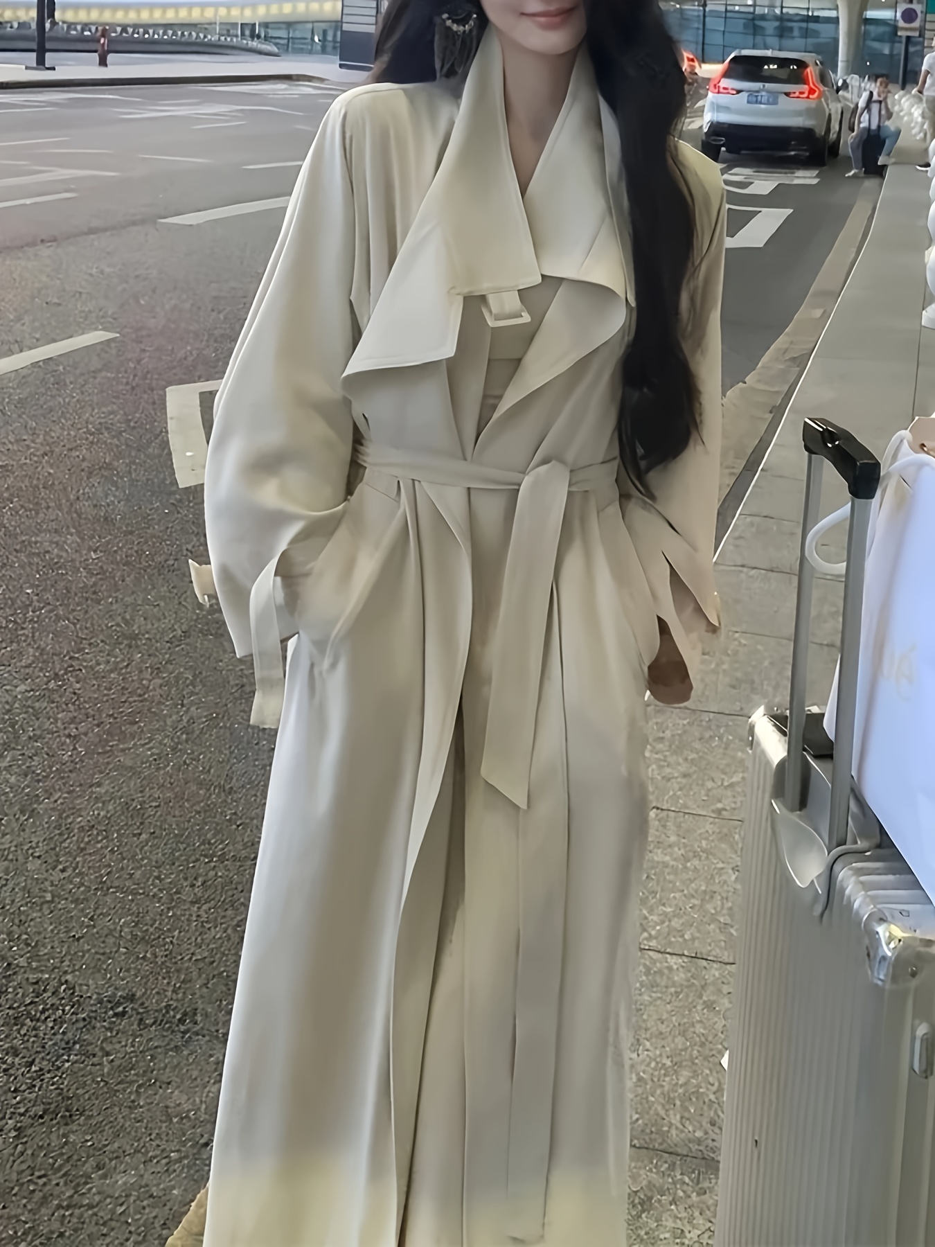 women's elegant long white trench coat chic office casual Temu