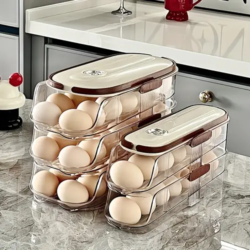 space saving egg storage rack for refrigerator automatic rolling large capacity 1 2 3 layers durable pp pet material egg storage box
