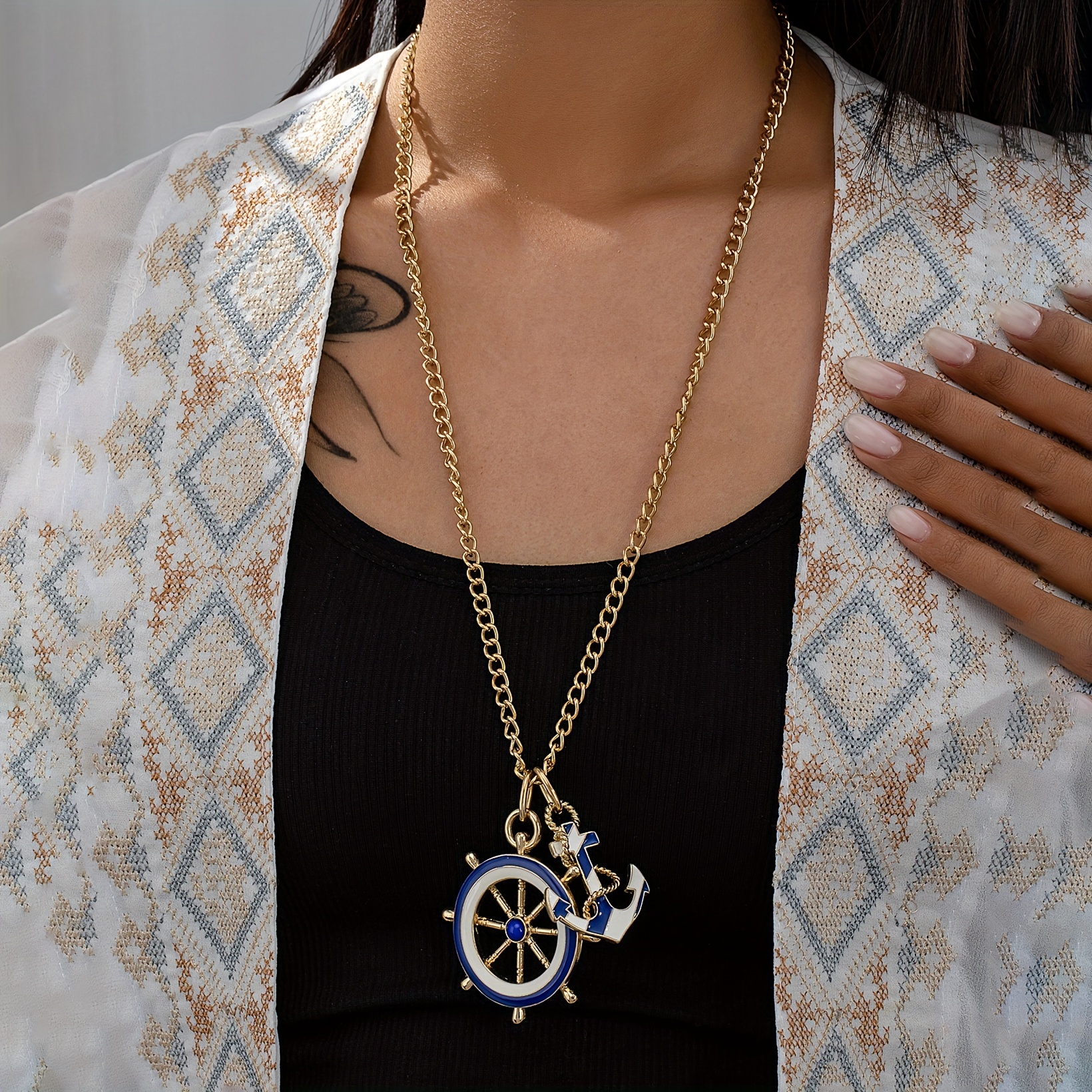 

1pc Bohemian Retro Navy Blue And White Nautical Pendant Necklace, Vintage Boho Style, Exaggerated Jewelry With Link Chain