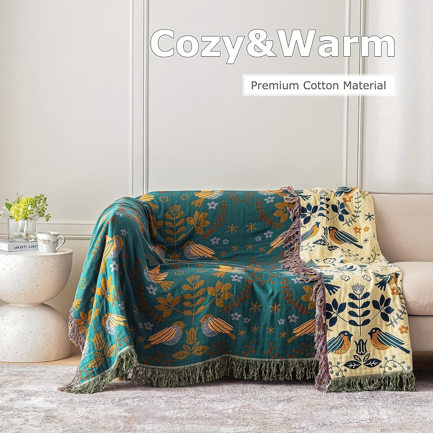 Rustic Throw Blanket - Floral & Bird Print Farmhouse Decor, Large Bed Sofa Couch Blanket, Machine Washable Green Botanical Design, Throw Blanket For Couch, Countryside Style, Intricate Embroidery