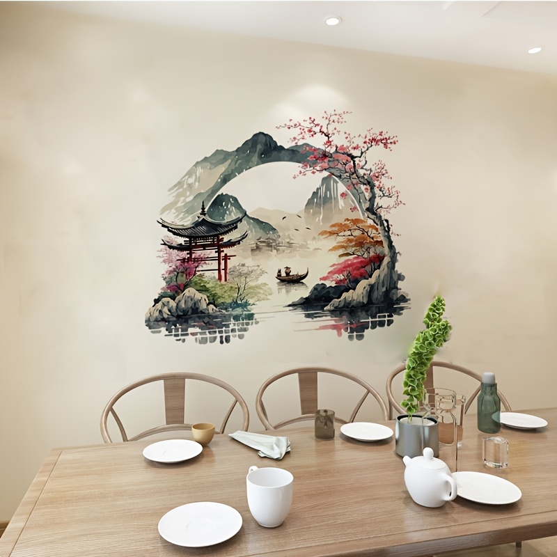 

Chinese Landscape Wall Decal - Self-adhesive, Removable Pvc Sticker For Living Room, Bedroom, Entryway - Contemporary Boating Lake Scene Home Decor