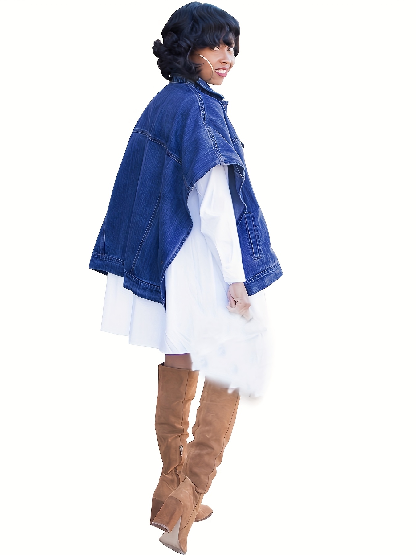 Women'S Elegant Denim Cape Shawl Jacket Washed Blue Jean Jacket with  White Collar, Long Sleeves, and Detachable Shoulder Strap for Spring/Fall