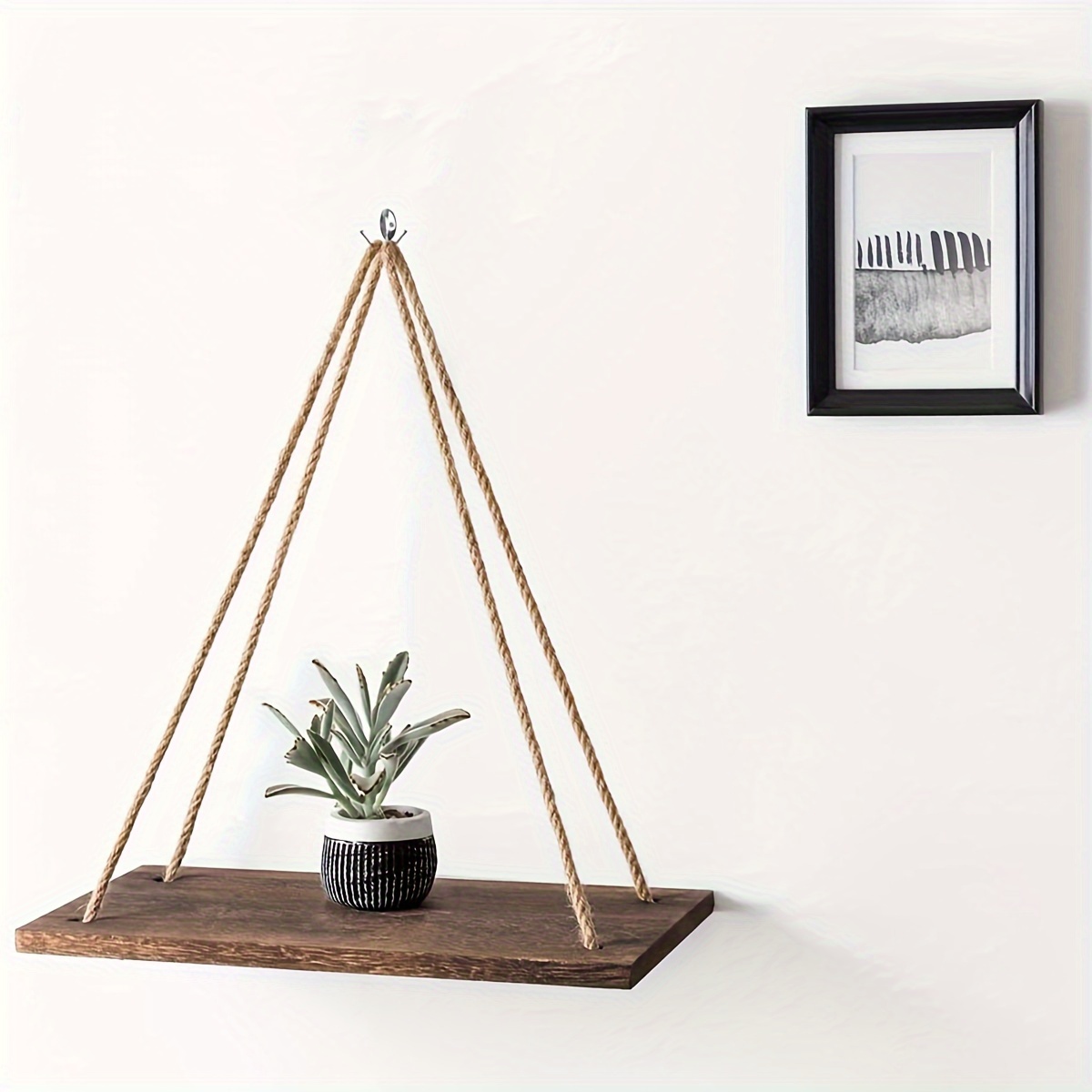 1pc Wood Hanging Shelves For Wall Boho Decor Swing Rope Rustic Floating Shelf, Wall Display Shelving Home Organizer Rack For Living Room Bedroom Bathroom, Floating Shelves
