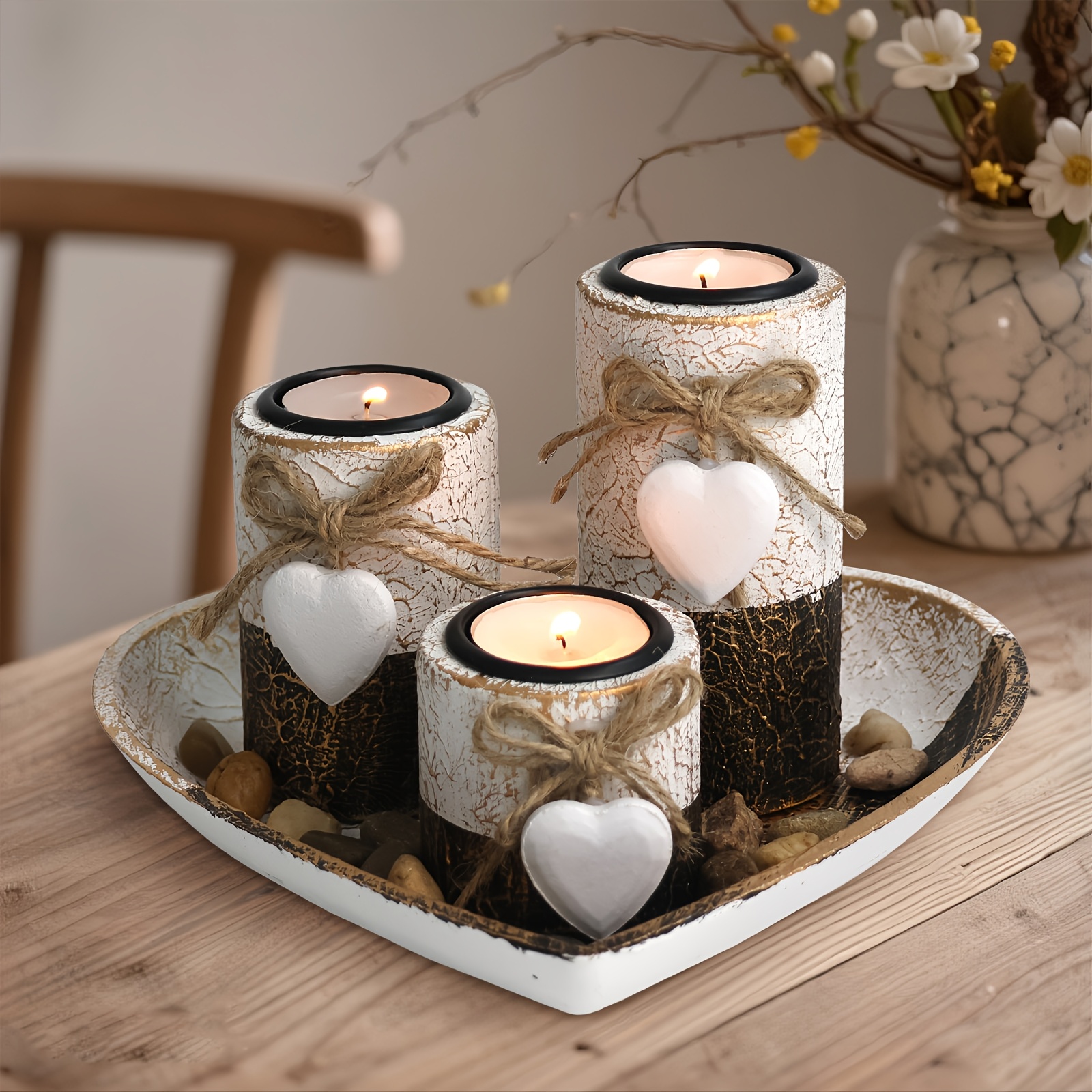 E-shop 4er-Set Kerzenständer aus Holz, Kompletter Kerzenhalter aus Holz mit Herzform und Teelichtständer, Niedliche Schleife aus Seil und Dekorative