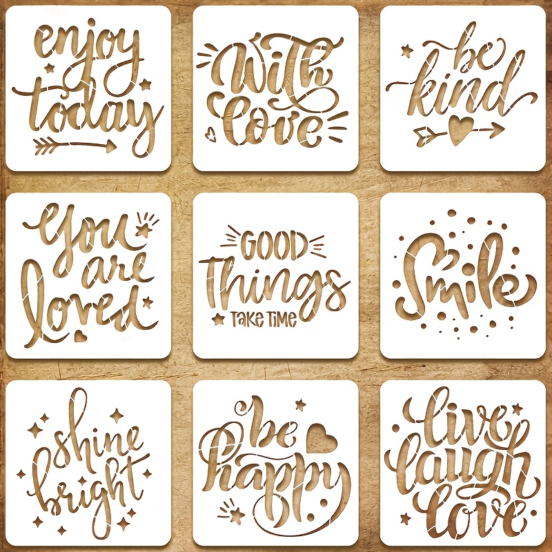 Image of 9pcs Inspirational Word Stencils 6x6 Inch, Reusable Motivational Quote Painting Templates For Diy Scrapbooking, Journaling, Wood Signs, Wall & Home Decor Crafts