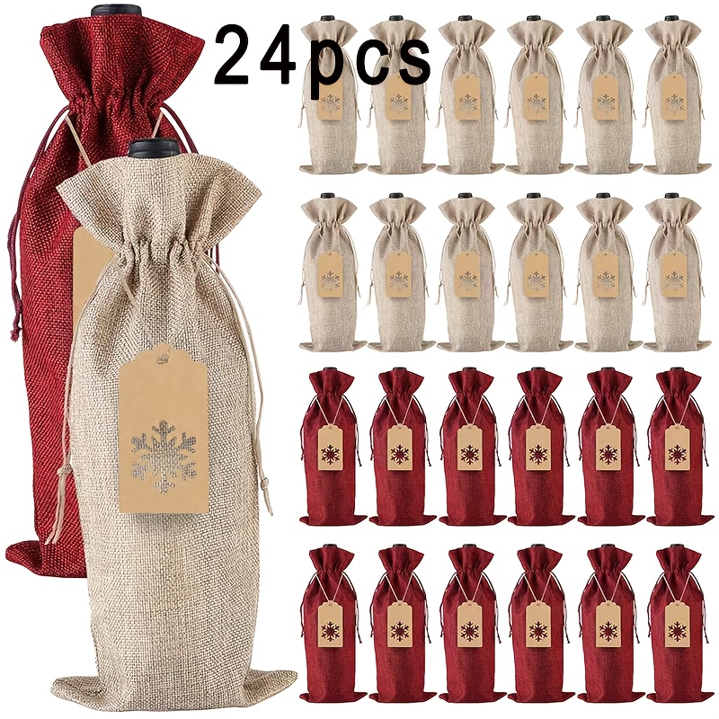 TEMU Gift For Her/him 24pcs Of Christmas Burlap Wine Bags, Coarse Burlap Gift Bags For Wine, Jute Drawstring Bottle Covers With Strings And Tags,