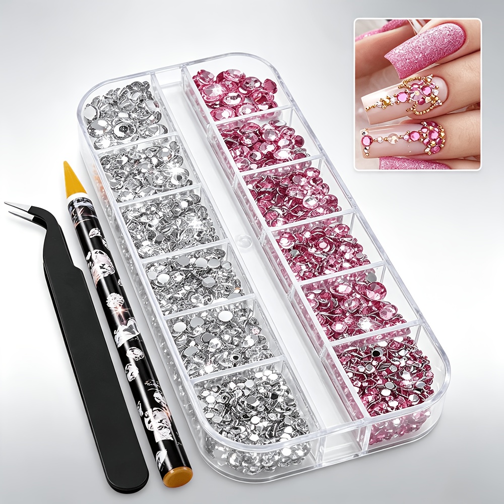 TEMU Kit con 12 scomparti di strass rosa per unghie con e penna stuccatina, con retro piatto di misure miste, decorazioni per nail art dolci e rosa e