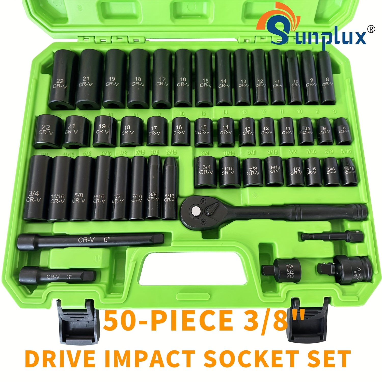 

50-piece 3/8" Drive Impact Socket Set, 6 Point Standard Metric (8-22mm) & Sae (5/16-3/4-inch) Cr- Sockets With Adapters & Ratchet Handle