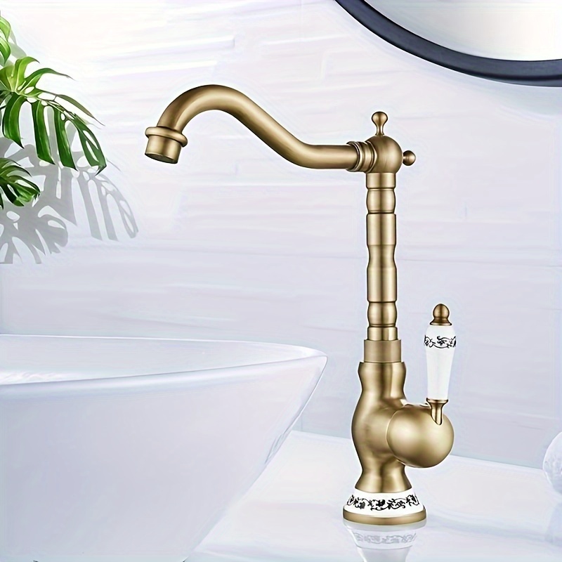 

1pc Antique Brass Bathroom Tap, Single Lever Mixer Tap, Bathroom Tap, High Spout, Basin Tap, Bathroom Basin, Retro