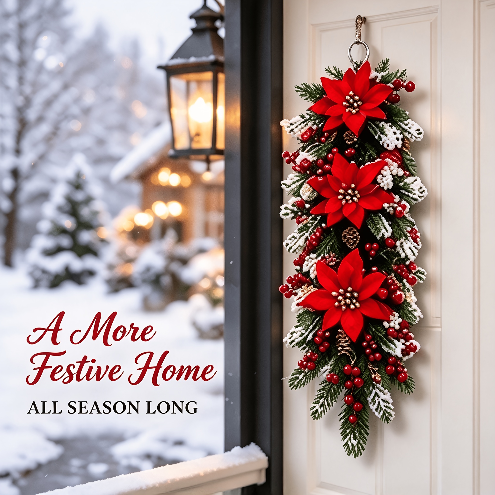 TEMU 2pcs Christmas Poinsettia Teardrop / Artificial Flocked Pine Hanging Decoration With Red Berries & Pine Cones/ 26.77 Inches Front Door Porch