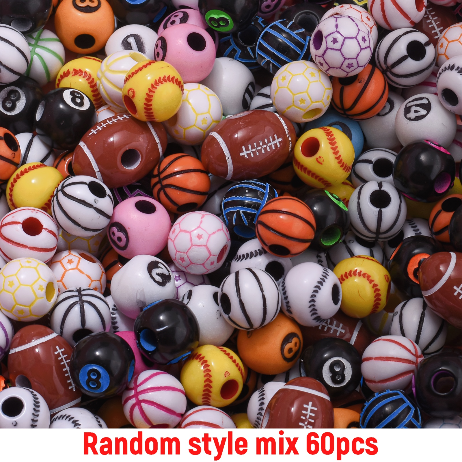 TEMU 60pcs 8mm-16mm Acrylic Random Mixed Sports Ball Beads For Makingbracelet Necklace Materials