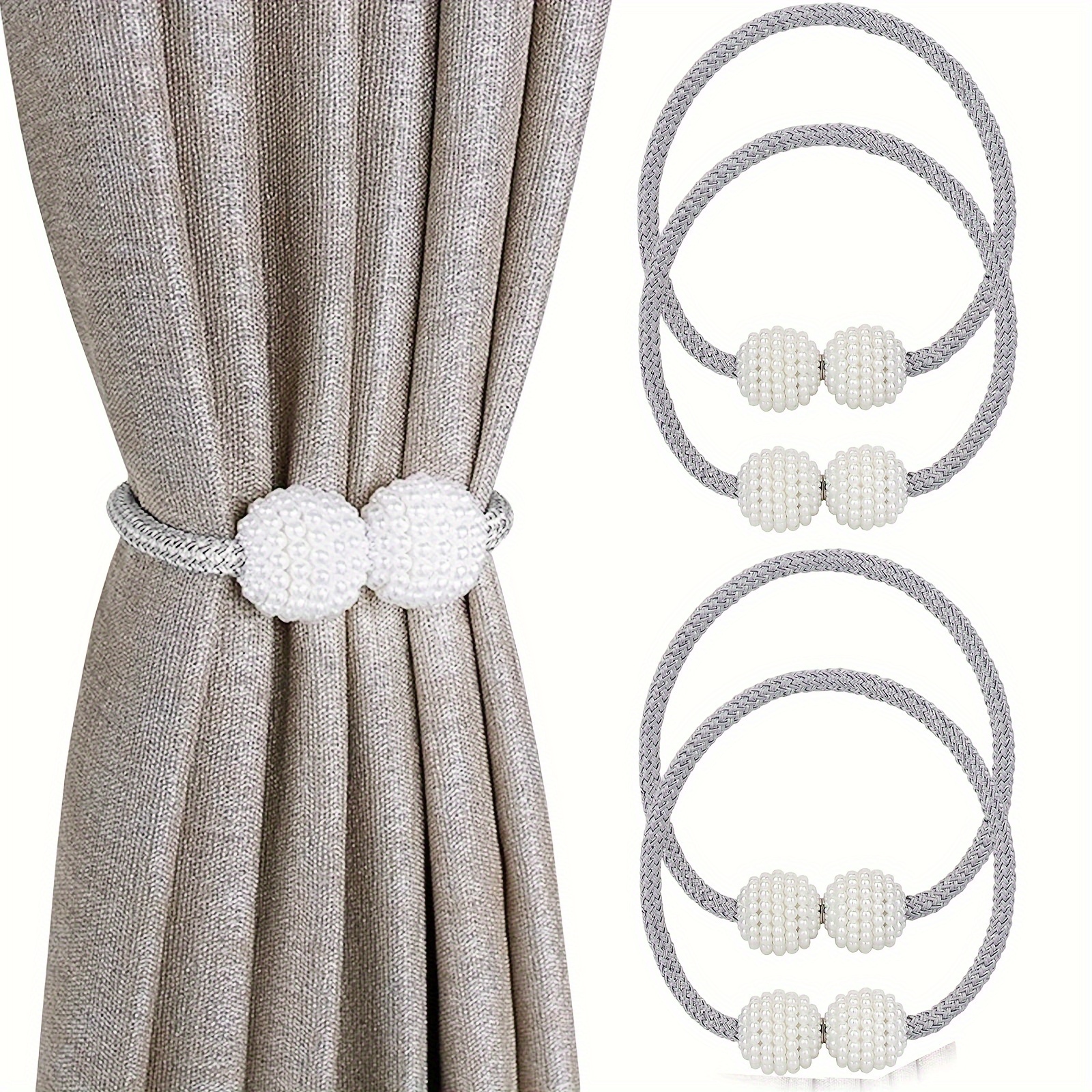 

4-pack Magnetic Curtain Tiebacks With Artificial Pearl Ball Decoration, Contemporary Style Polyester Weave Rope For Securing Drapes In Bedroom And Living Room Home Decor