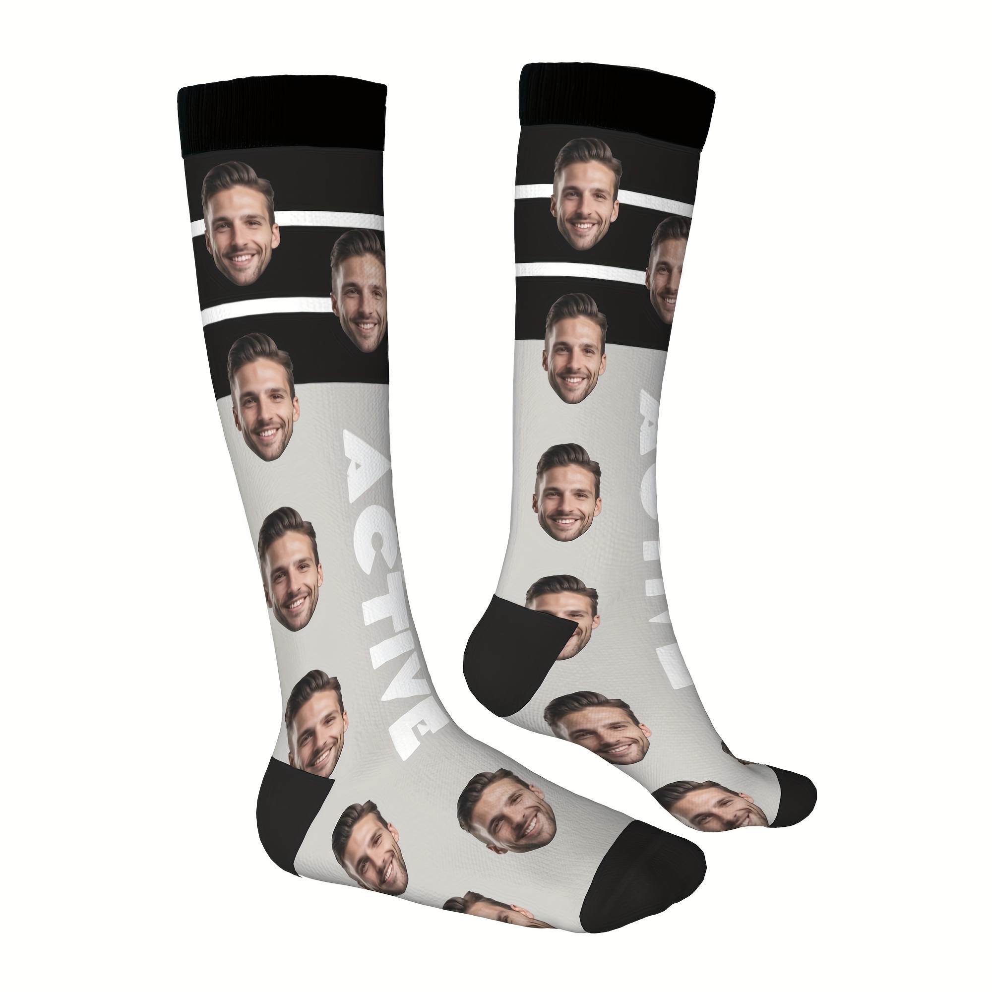 TEMU Custom Football Socks, Knee-high Athletic Socks, Men's & Women's Training Socks, Polyester, Machine Wash, Striped Letter Print, Photo