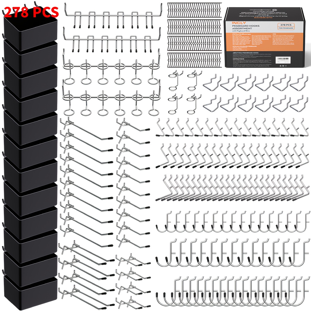 TEMU 278/320pcs Pegboard Accessories Organizer Kit, Peg Board Hooks Assortment With Bins For Organizing Tools, Fit 1/ 8 Or 1/ 4 Inch Pegboard For