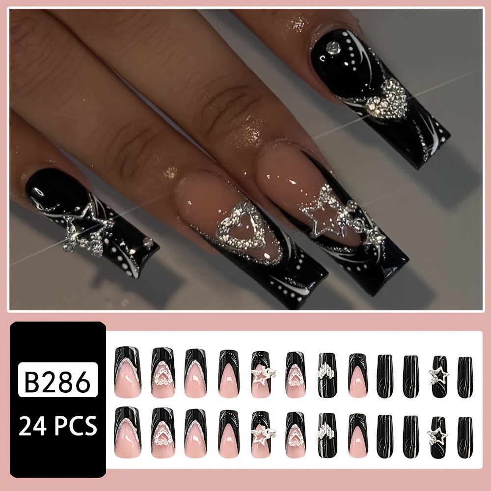 TEMU Enhance Your Beauty 24pcs Square Nail Cool Sparkling Heart Glossy Fake Nails Fashion Versatile Wearable Nails Suitable For Women And Waterproof