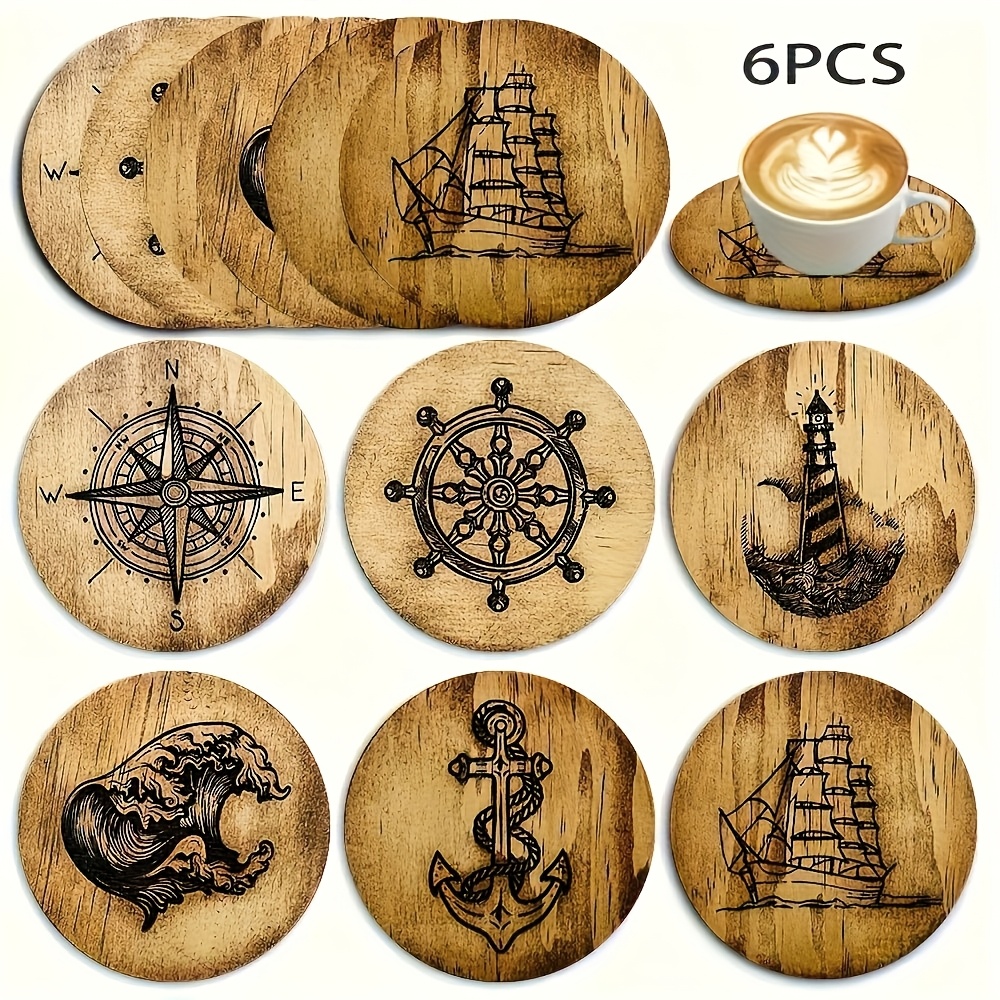 Image of A Gift For All : Nautical-themed Wooden Coasters - Heat-resistant Pads, Perfect For Homes, Cafes, And Afternoon Tea - An For Room Decor, Themed Parties, And Holiday Gifts