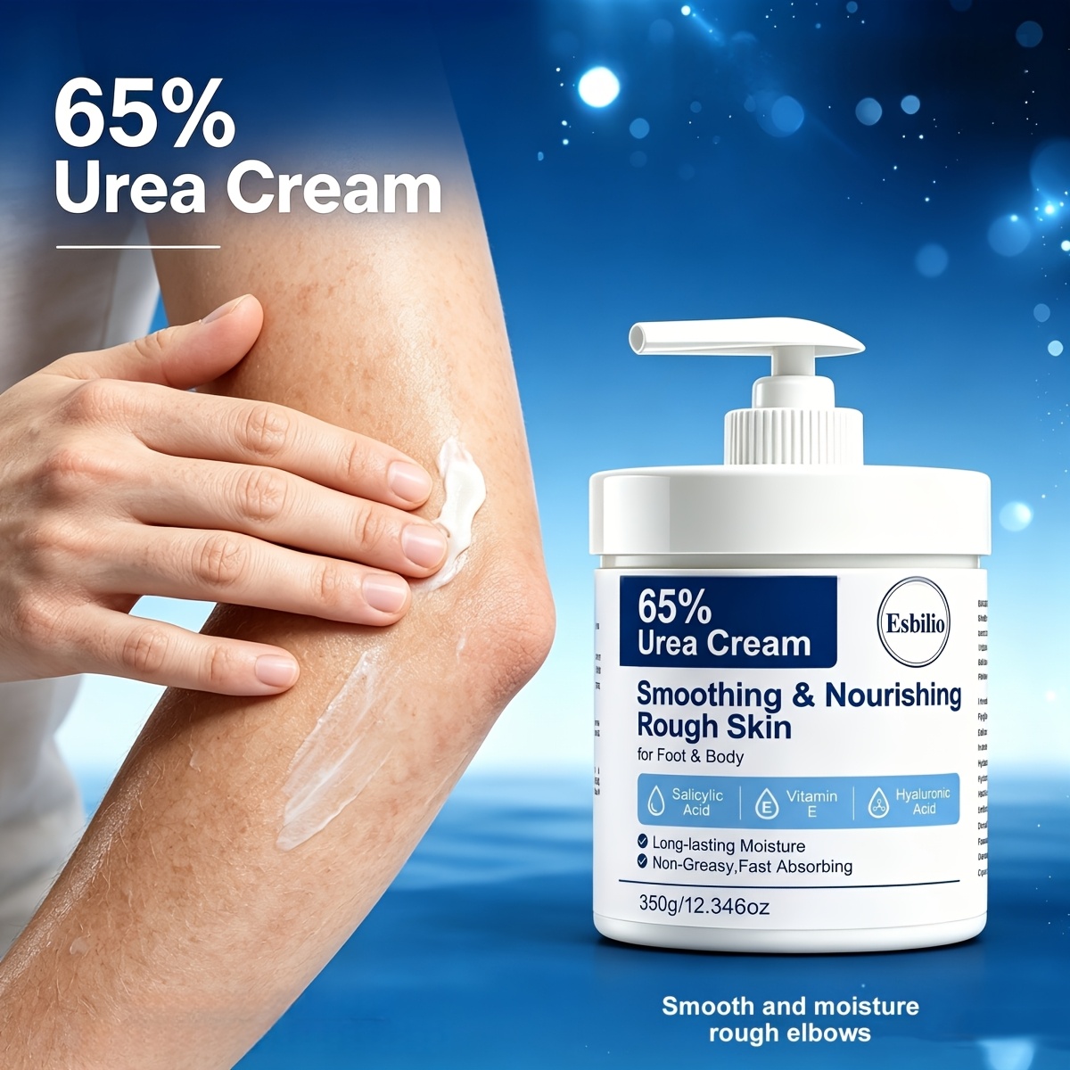 ESBILIO 350g 65% Urea Cream Suitable for Rough Dry Cracked Skin on Heels, Knees, Elbows & Hands - Fast-Absorbing Non-Greasy Formula with Salicylic Acid, Vitamin E & Hyaluronic Acid for, Hydration & Smoothing
