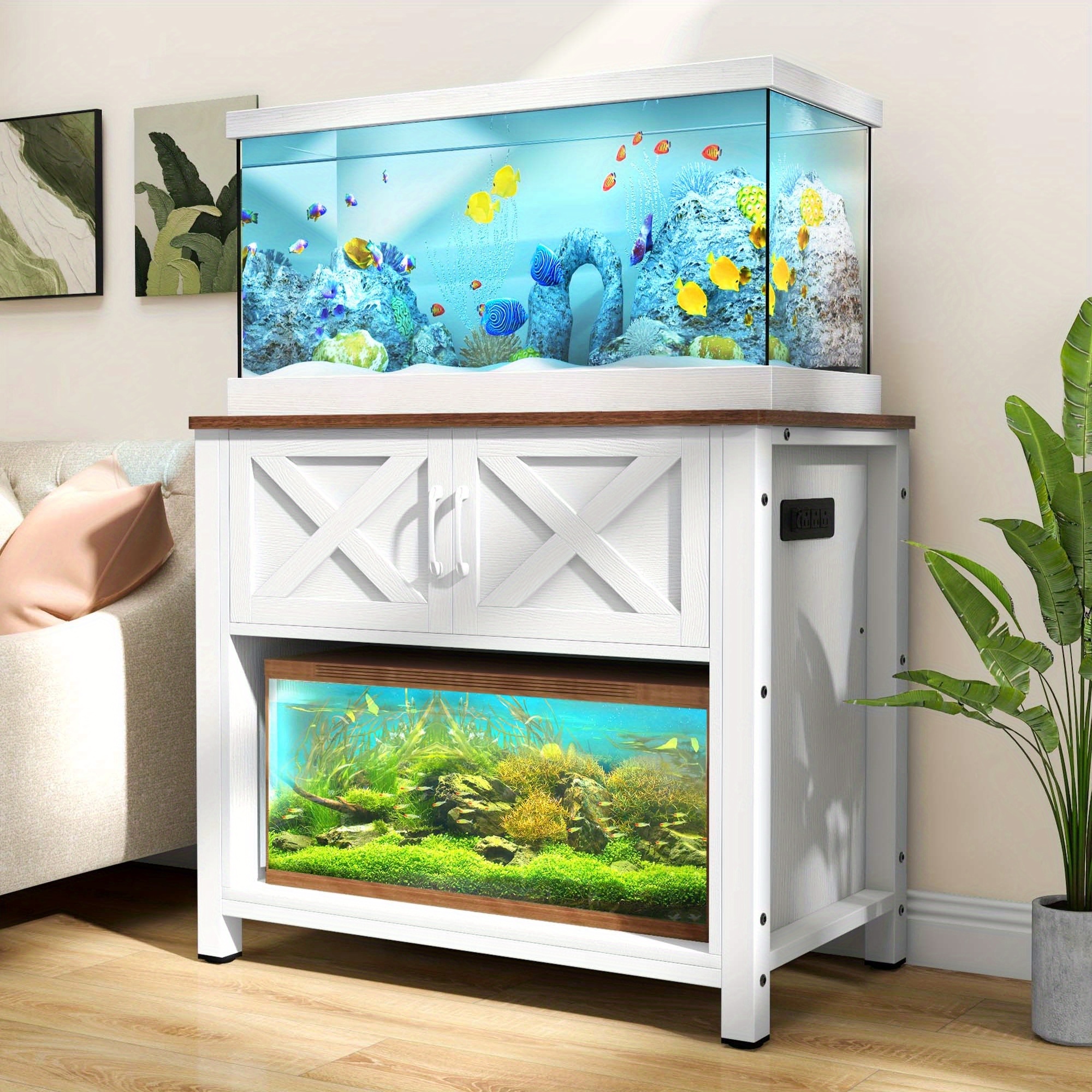 

55-75 Gallons Fish Stand With Power Outlets Aquarium Stand With Storage Cabinet White