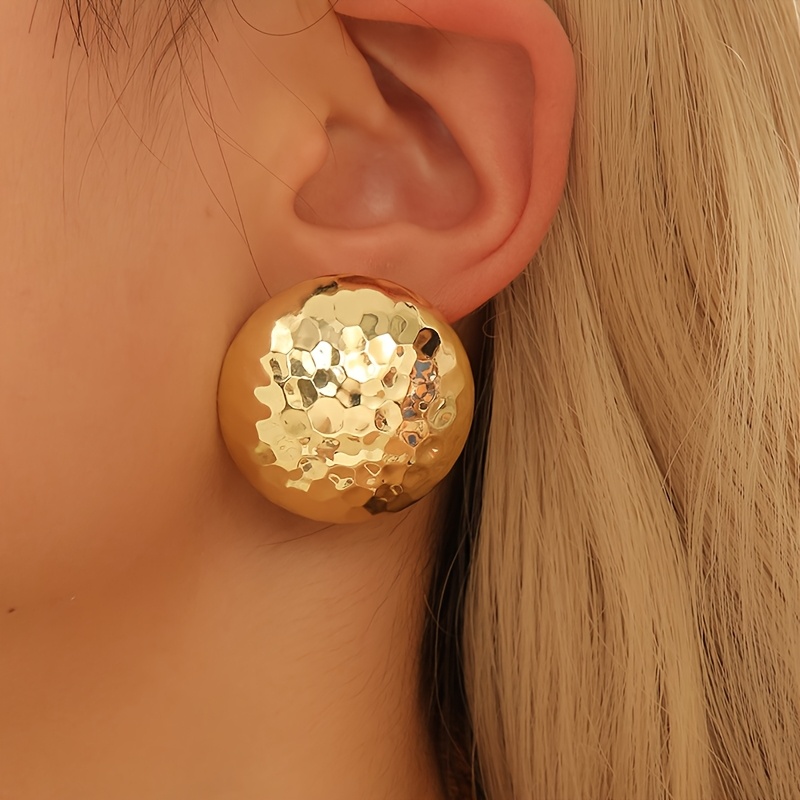Hammered Metal Half Sphere Stud Earrings Golden Textured Iron Material