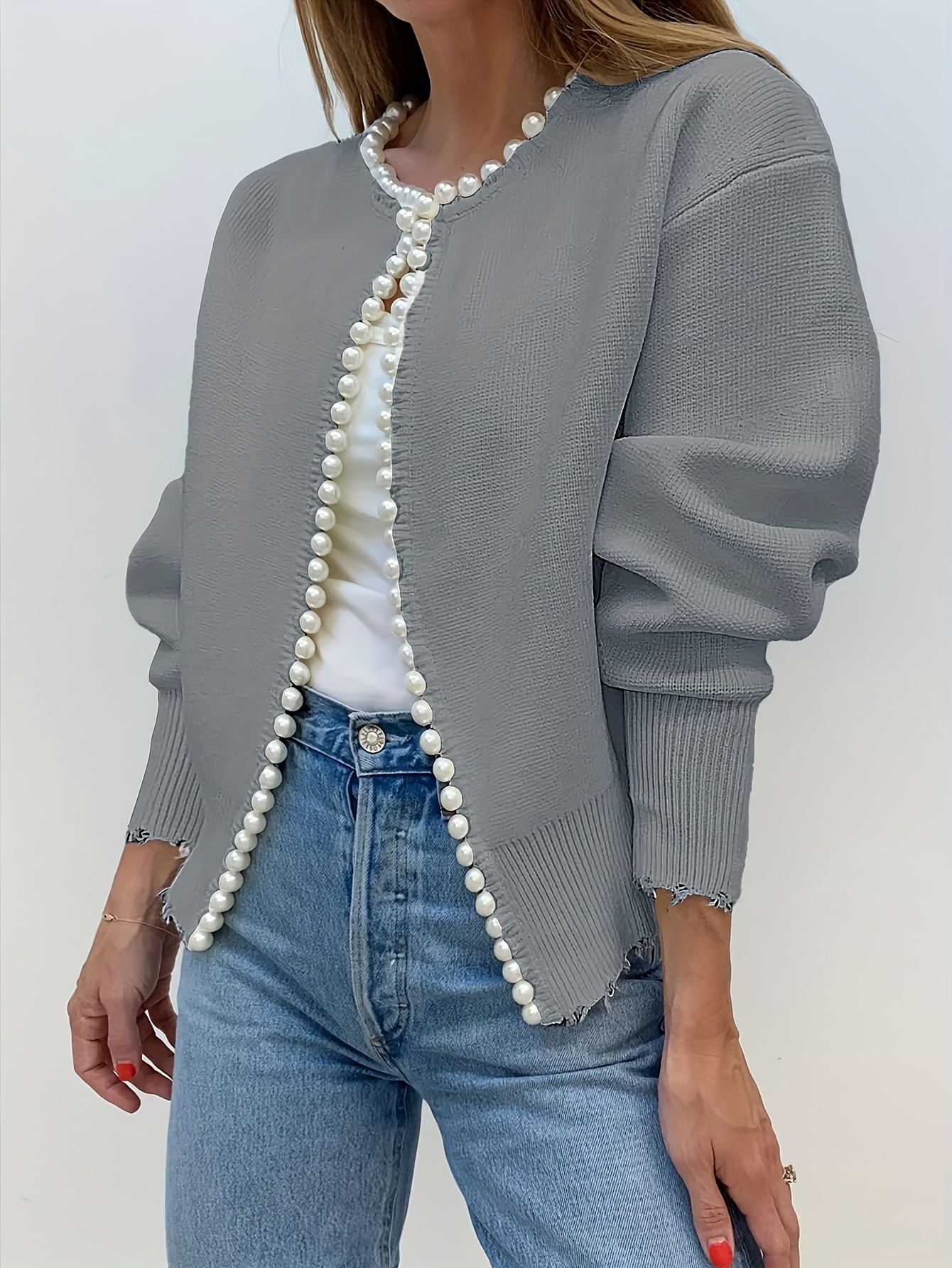 cardigan pearl trim torn hem - Temu cardigan pearl trim torn hem - Temu