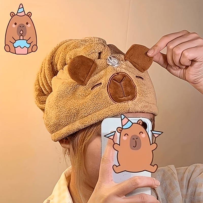 TEMU Capybara Hair Towel - Coral Capybara-themed Hooded Bath Cap & Hair Drying Towel Suitable For Bathroom, Travel, Beach - Soft Absorbent Quick-dry