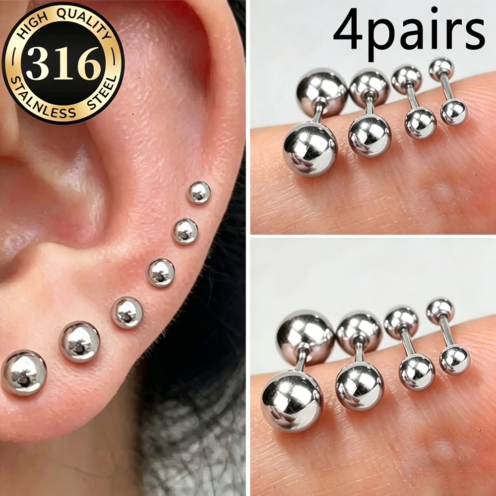 TEMU 2 Paires/4 Paires Minimaliste Bille Rondement Lisse Clou de Boucle d'Oreille - 16G Adapté pour Oreille, Cartilage d'Oreille, Tragus Acier