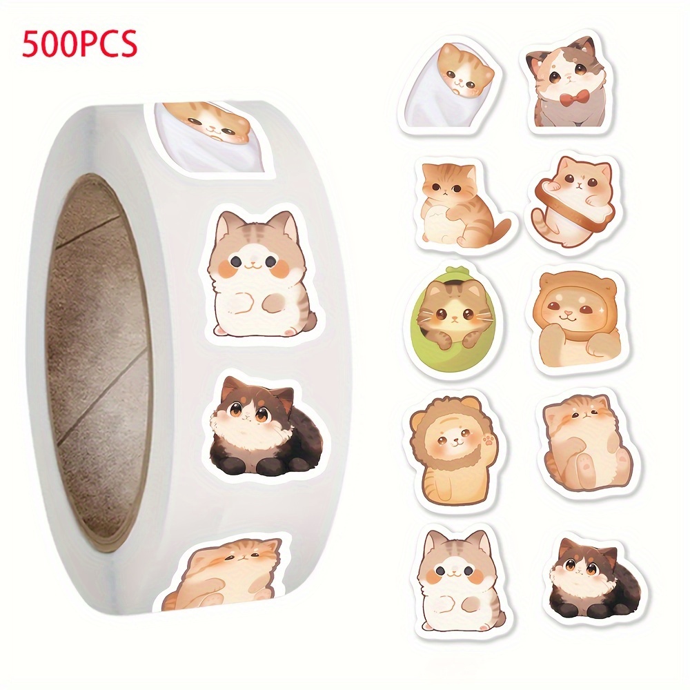 Image of 500pcs Cute Cat Cartoon Sticker Roll - , Self-adhesive Decals For Phone Cases, Notebooks, Envelopes & Journals