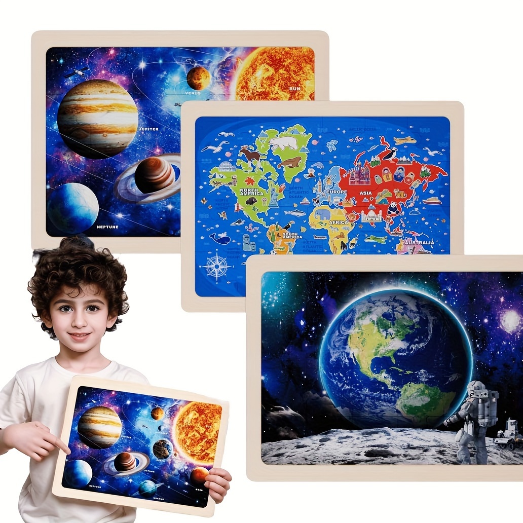 

Wooden Puzzle Game, Space Universe, World, Us Map , Gift For Boys And Girls Aged 3, 4, 5, And 6, Suitable For Wooden Puzzle Preschool Education Toys Christmas Gift