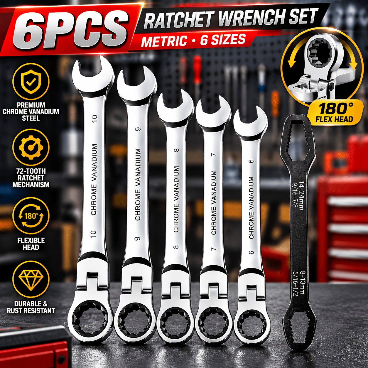 Image of 72-tooth 180° Flexible Head Ratchet Wrench Set 6pcs Metric 6-10mm Dual End Steel Tool Kit For Auto Motorcycle Bike Repair