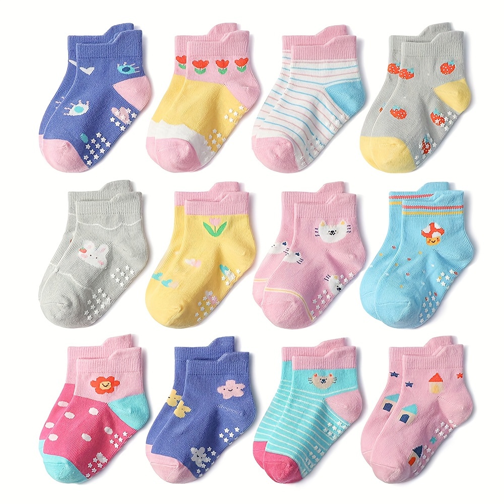 

12 Pairs Toddler's Novelty Cute Floor Socks, Anti-skid Cotton Socks With Dot Glue, Boys Girls Kids Socks For All Seasons Wearing