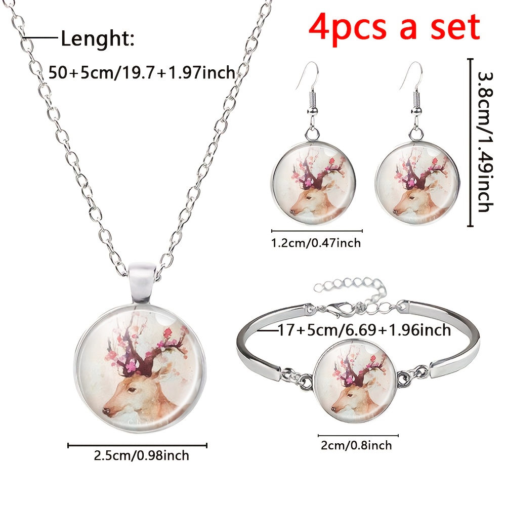 4pc Floral Deer Head Jewelry Set, Necklace & Earrings