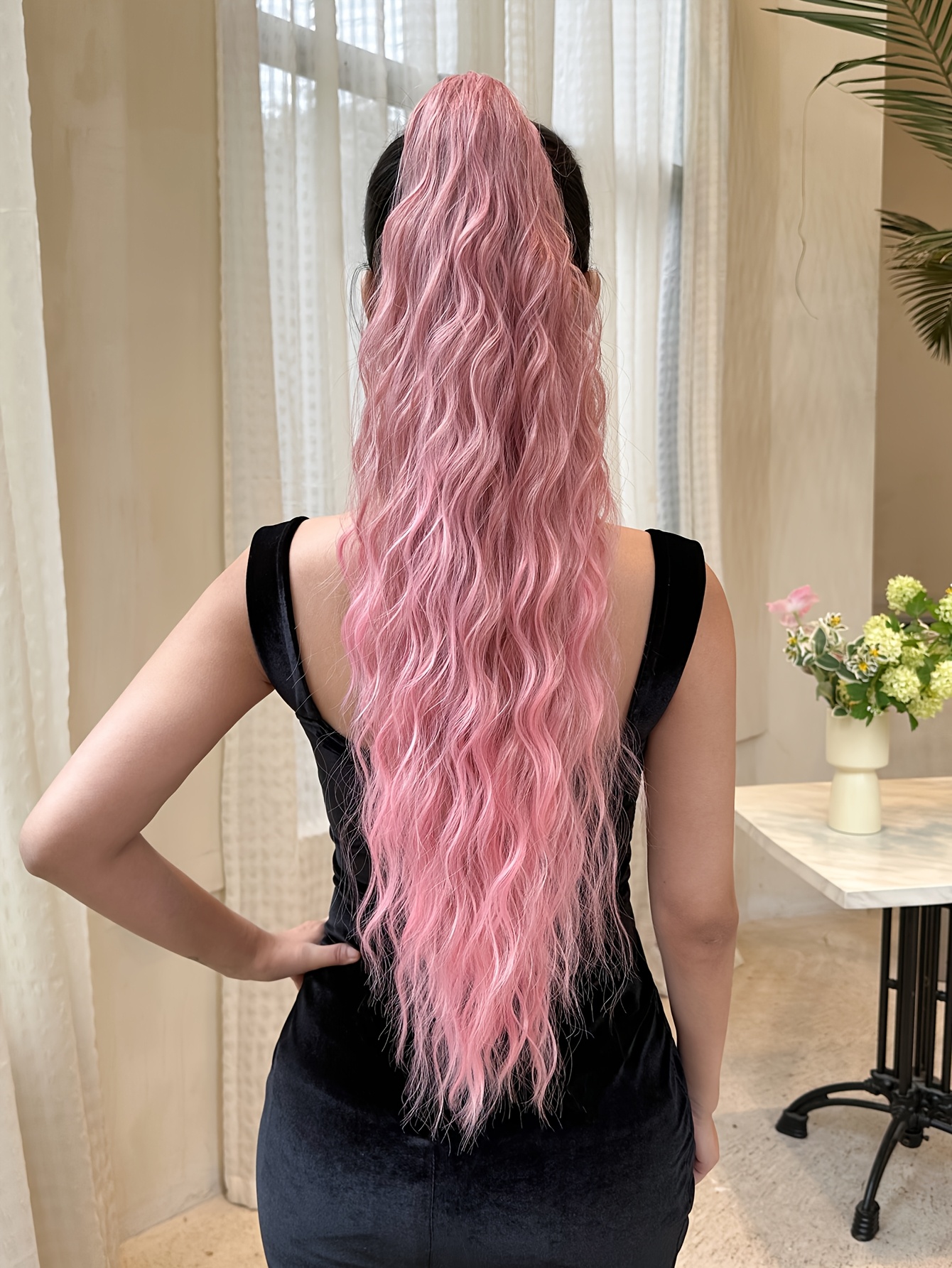 claw shaped ponytail extension pink 28 inch water wave heat resistant fiber synthetic ponytail wig suitable for short hair accessories for womens daily use details 1